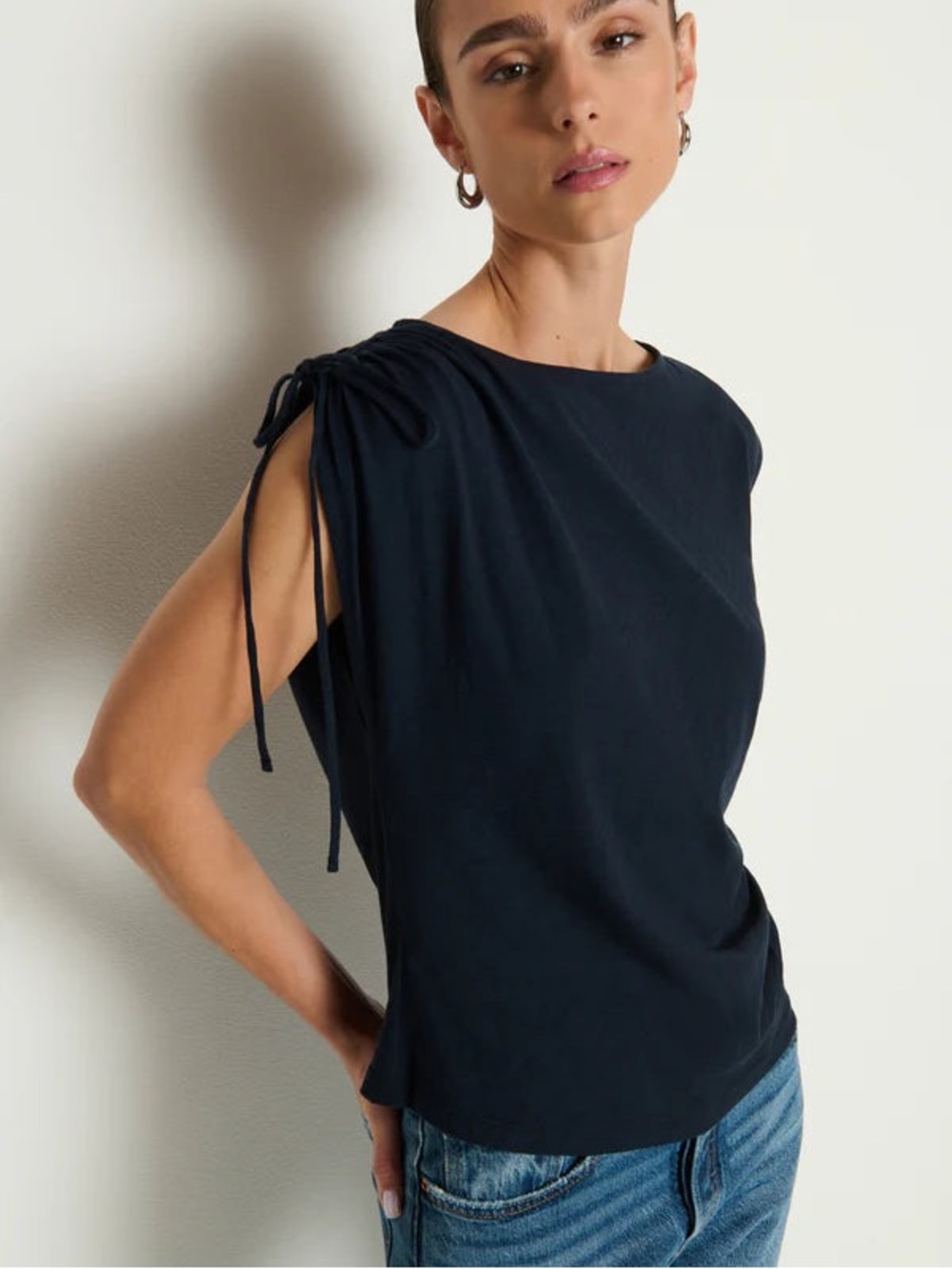 Nation LTD Julie Navy Shoulder Tie Sleeveless Ruched Cotton Top